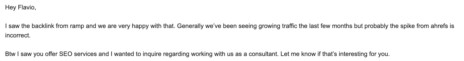 Email from Ronald W., 14 August 2026: I saw the backlink from Ramp and we are very happy with that. Generally we have been seeing growing traffic the last few months. He then asks about working together as a consultant.